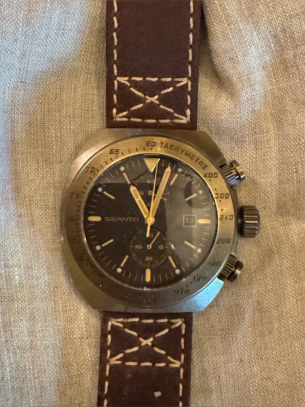 Vintage Szanto Bronze Tachymeter Chronograph Watch - Brown Dial & Strap